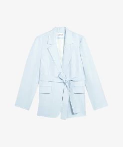 CLAUDIE PIERLOT Victorieuse Belted Single-breasted Woven Blazer For Womens Bleus