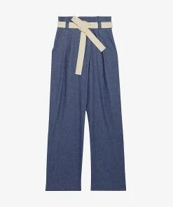 CLAUDIE PIERLOT Philae Wide High-rise Stretch Cotton And Linen-blend Trousers For Womens Bleus