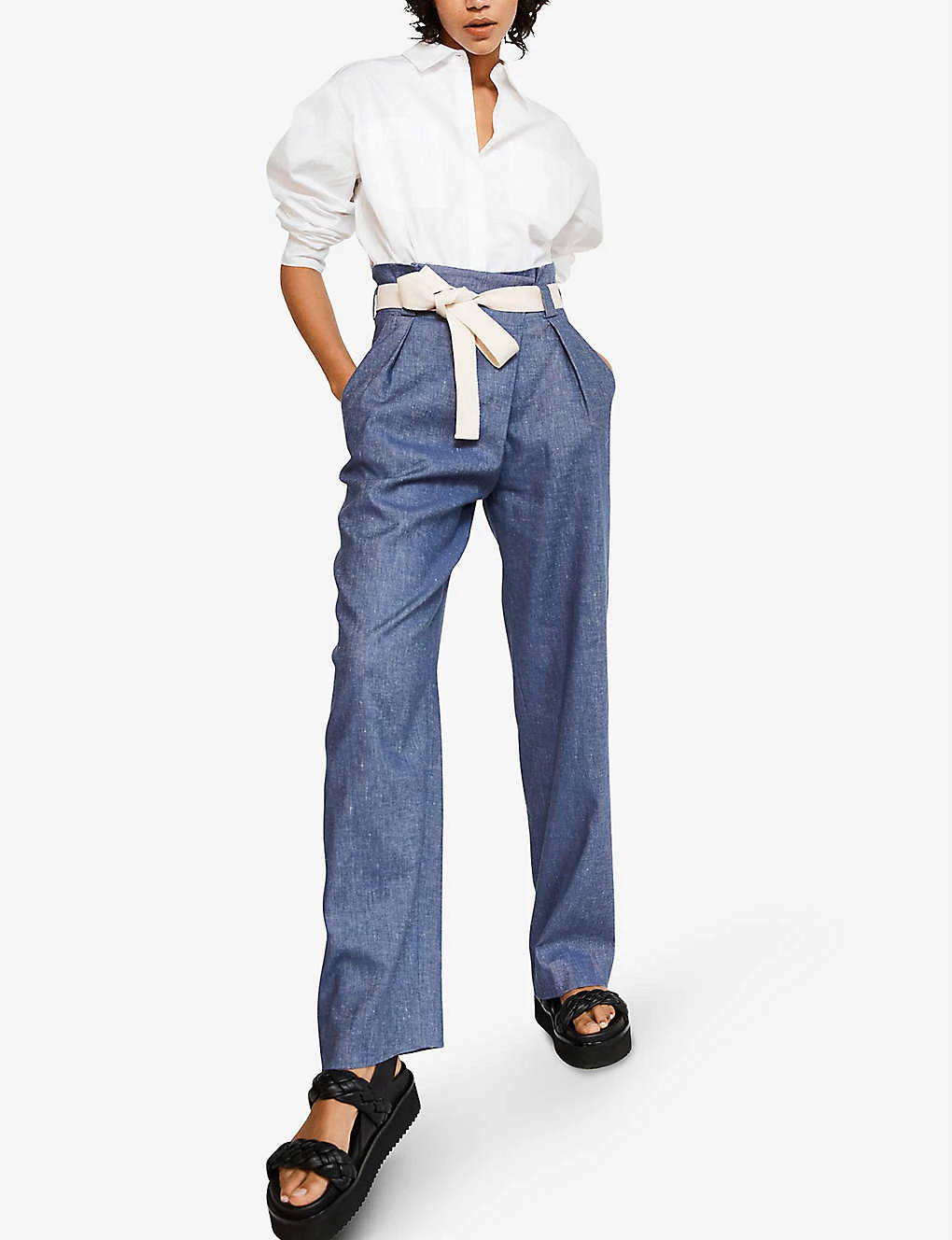 CLAUDIE PIERLOT Philae Wide High-rise Stretch Cotton And Linen-blend Trousers For Womens Bleus - Image 2