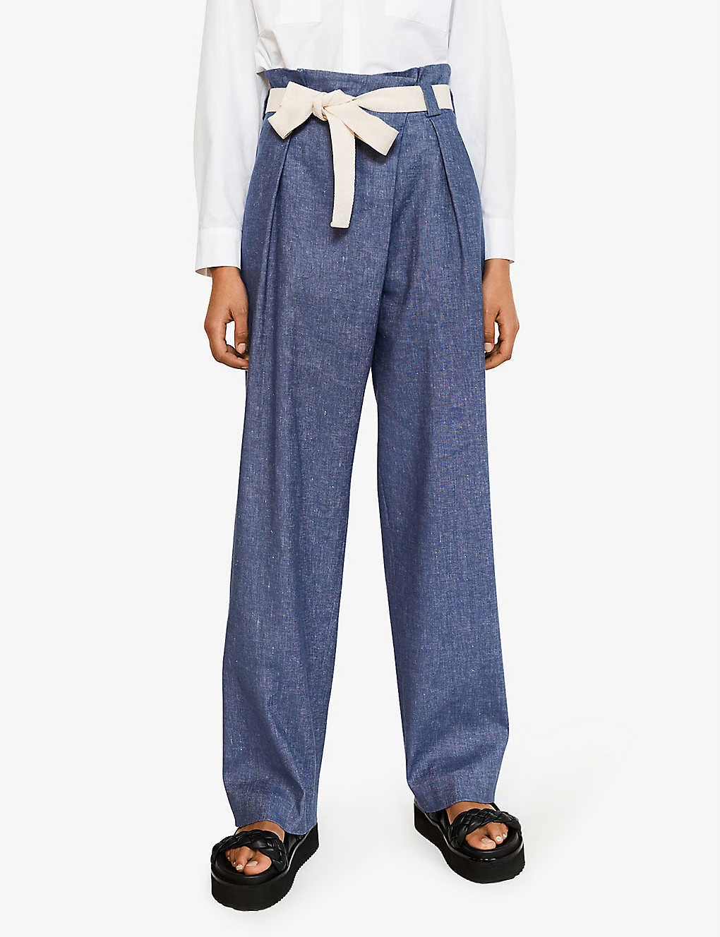 CLAUDIE PIERLOT Philae Wide High-rise Stretch Cotton And Linen-blend Trousers For Womens Bleus - Image 4