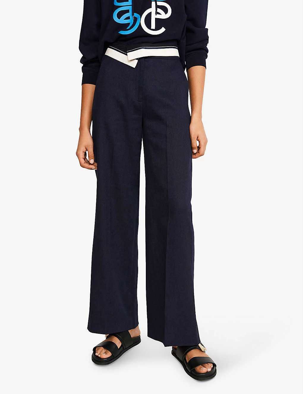 CLAUDIE PIERLOT Pistou Straight-leg High-rise Linen-blend Trousers For Womens Bleus - Image 3