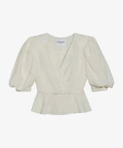 CLAUDIE PIERLOT Bleuetbis Puff-sleeved V-neck Linen-blend Top For Womens Naturels