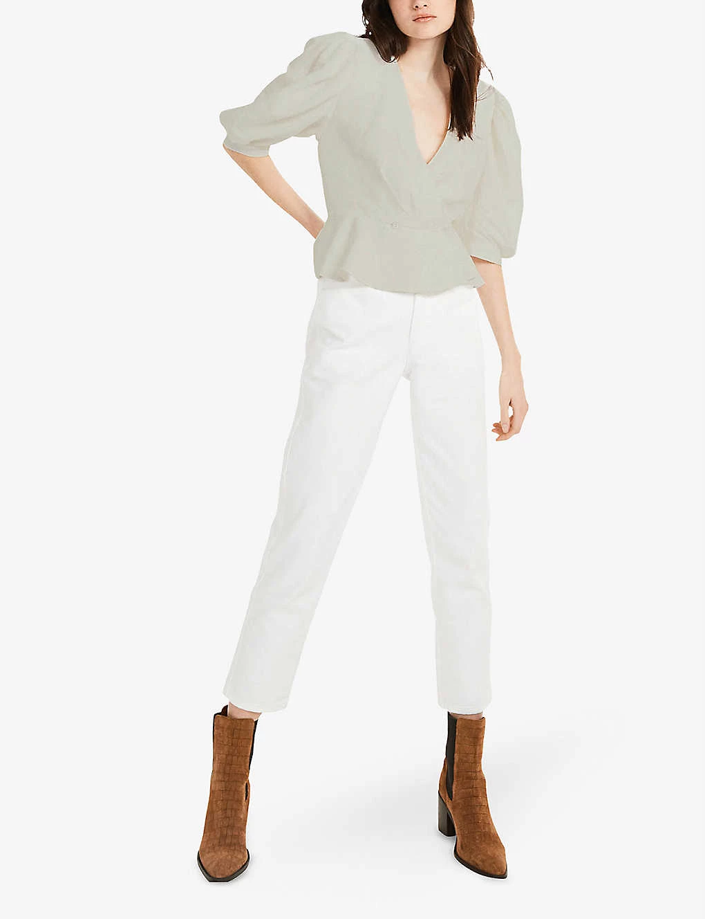 CLAUDIE PIERLOT Bleuetbis Puff-sleeved V-neck Linen-blend Top For Womens Naturels - Image 2