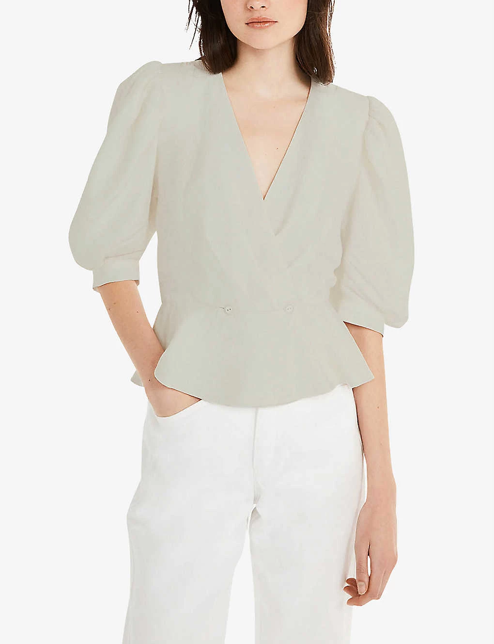 CLAUDIE PIERLOT Bleuetbis Puff-sleeved V-neck Linen-blend Top For Womens Naturels - Image 3