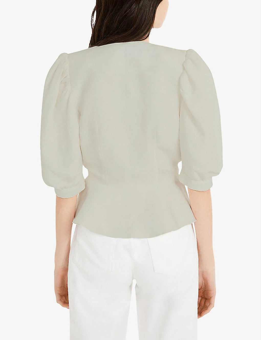 CLAUDIE PIERLOT Bleuetbis Puff-sleeved V-neck Linen-blend Top For Womens Naturels - Image 4