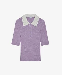 CLAUDIE PIERLOT Ribbed Contrast-collar Knitted Polo Shirt For Womens Violets