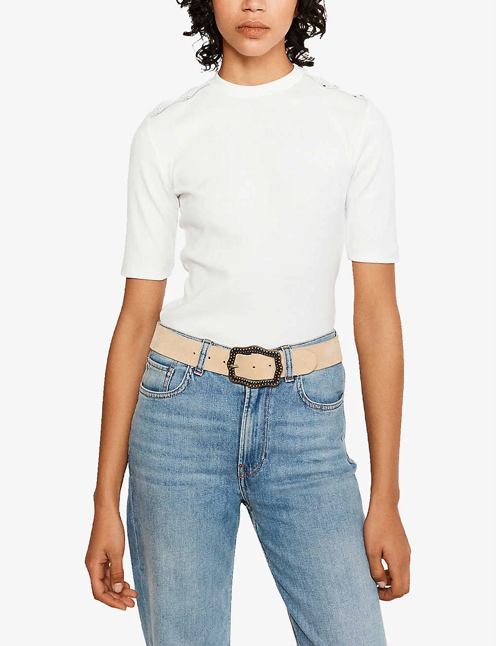 CLAUDIE PIERLOT Tissem Lace-detail Stretch-cotton T-shirt For Womens Naturels - Image 2