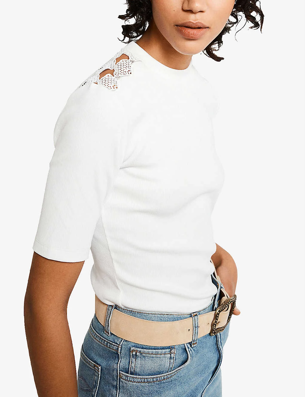 CLAUDIE PIERLOT Tissem Lace-detail Stretch-cotton T-shirt For Womens Naturels - Image 3