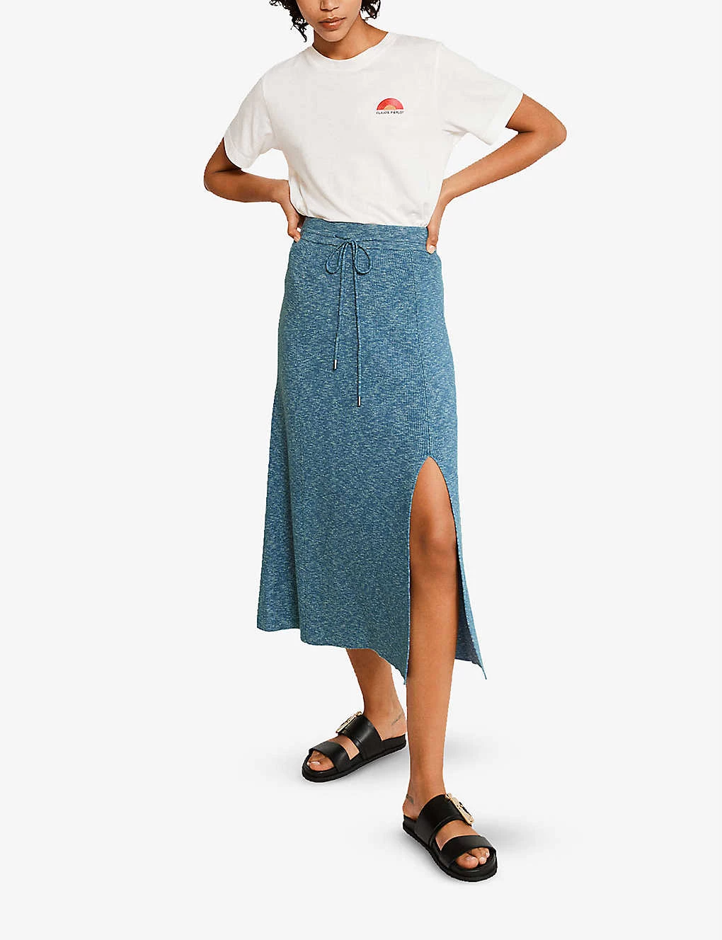 CLAUDIE PIERLOT Moussine High-waisted Cotton And Recycled Polyester-blend Midi Skirt For Womens Bleus - Image 2