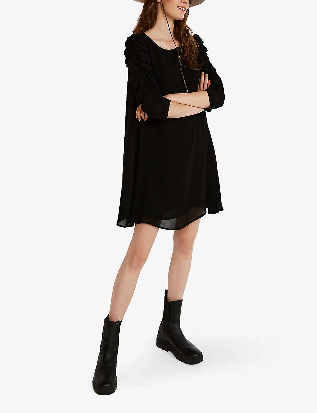 CLAUDIE PIERLOT Ronniebis Ruched Sleeve-detail Woven Dress For Womens Noir / Gris - Image 3